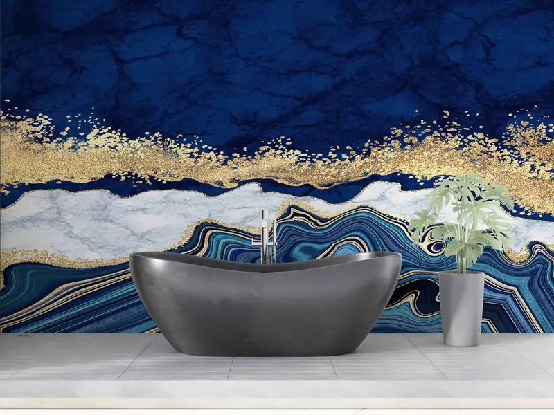 Luxury Marble Wallpaper, Blue Gold Marble Wall Mural, Alcohol Ink Wall Painting, 3D Wall Art, Contemporary Wall Art, Paper Wall Art, - 2