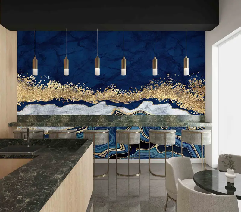 Luxury Marble Wallpaper, Blue Gold Marble Wall Mural, Alcohol Ink Wall Painting, 3D Wall Art, Contemporary Wall Art, Paper Wall Art, - 9
