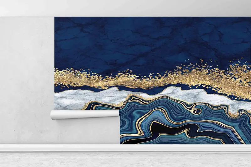Luxury Marble Wallpaper, Blue Gold Marble Wall Mural, Alcohol Ink Wall Painting, 3D Wall Art, Contemporary Wall Art, Paper Wall Art, - 1