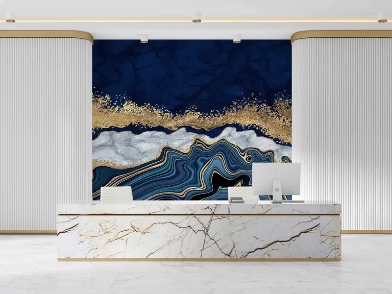 Luxury Marble Wallpaper, Blue Gold Marble Wall Mural, Alcohol Ink Wall Painting, 3D Wall Art, Contemporary Wall Art, Paper Wall Art, - 4