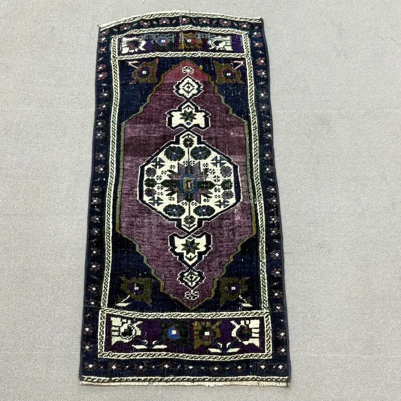 Turkish Vintage Rug, 1.6x3.8 ft Oushak Rug, Blue Purple Solid Wool Rug - 1