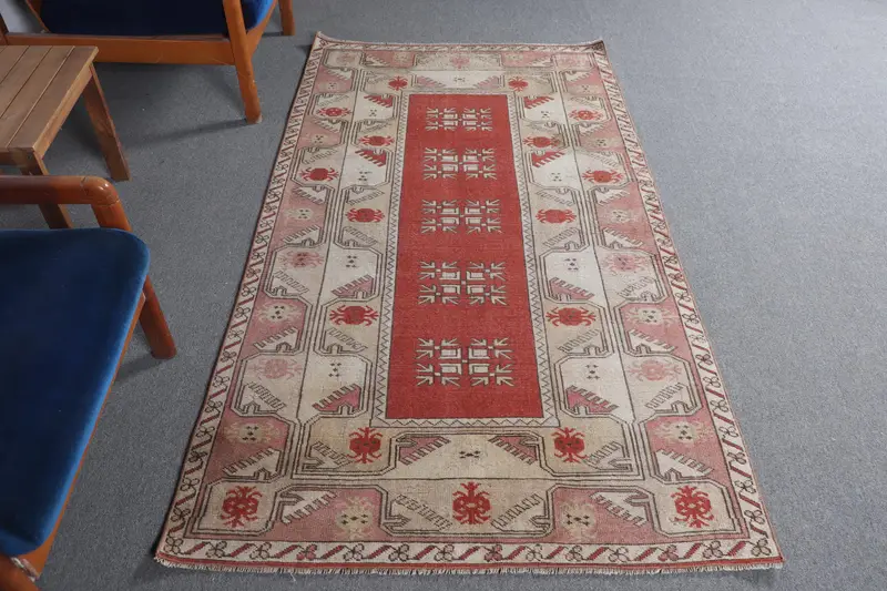 Zarif Bej Oryantal Halı, Kırmızı Desenli 3,8x6,8 ft