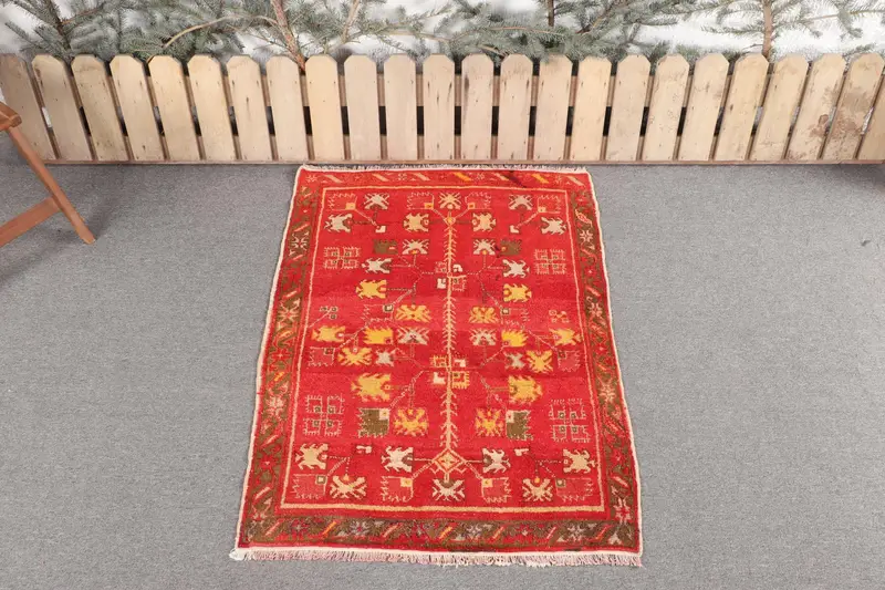 Handmade Red Rug, 2.9x3.9 ft with Yellow Accents