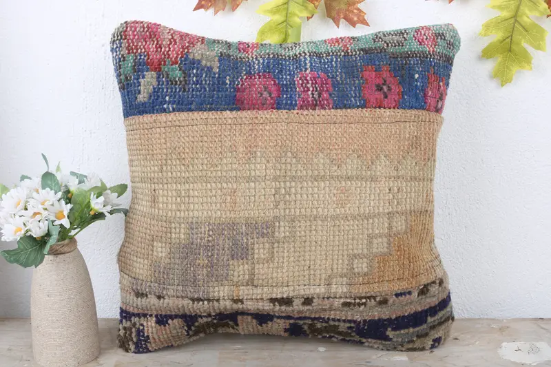 Boho Pillow Sham Cover, Pillow, Outdoor Bolster Cushion Case, Kilim Pillow, Vintage Cushion Case, Pillow for Sofa, 16x16 Blue Cushion Cover - 2