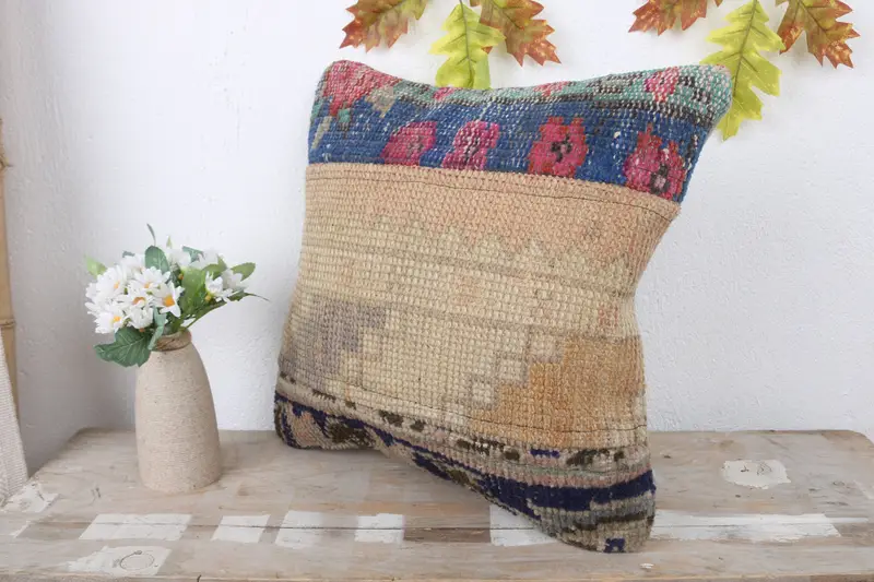 Boho Pillow Sham Cover, Pillow, Outdoor Bolster Cushion Case, Kilim Pillow, Vintage Cushion Case, Pillow for Sofa, 16x16 Blue Cushion Cover - 4