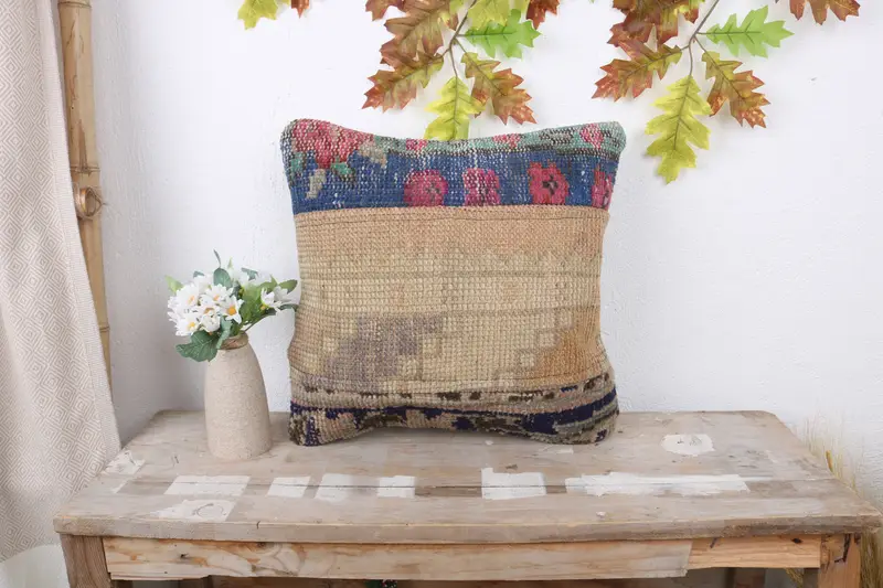 Boho Pillow Sham Cover, Pillow, Outdoor Bolster Cushion Case, Kilim Pillow, Vintage Cushion Case, Pillow for Sofa, 16x16 Blue Cushion Cover - 1