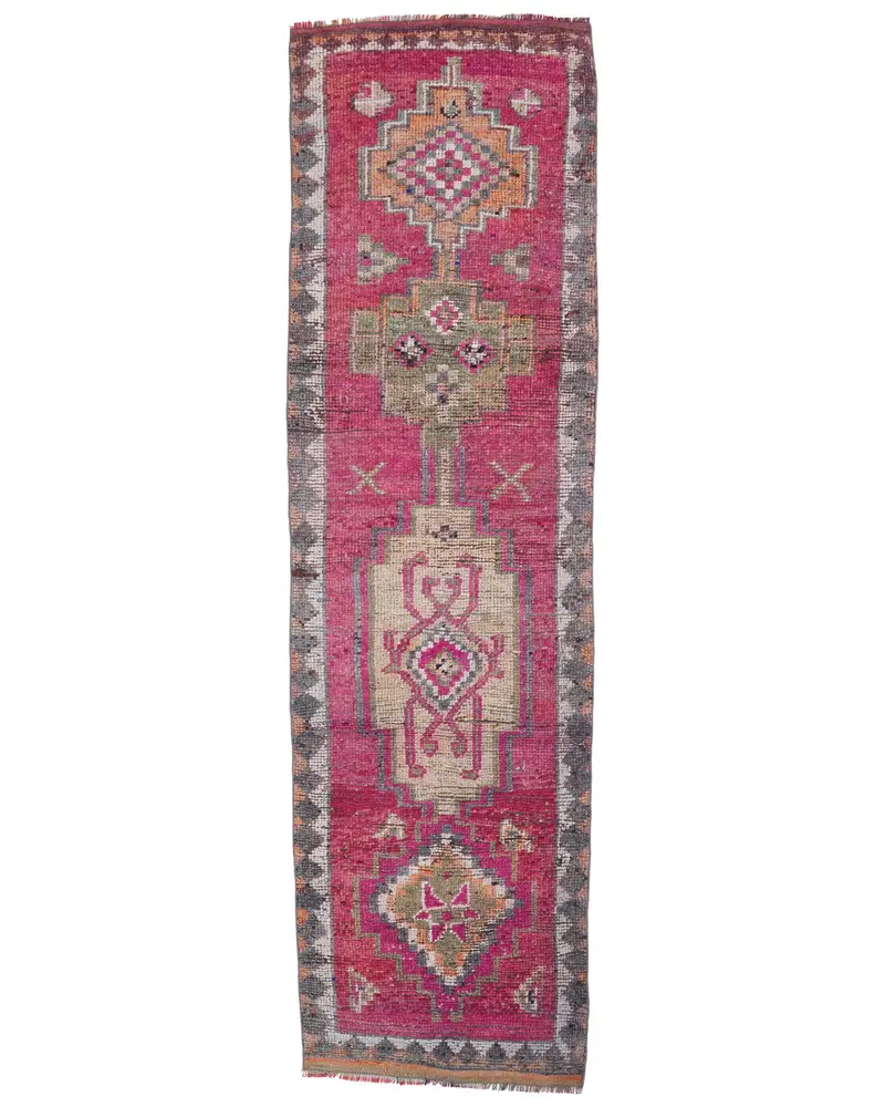 Vintage 2.7x9.9 ft Rug, Runner Turkish Rug, Red Gray Striped Wool Rug - 1