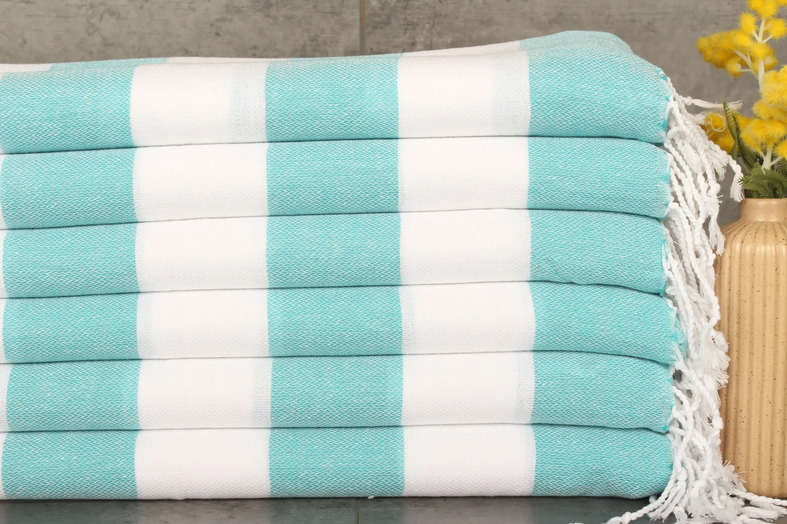 Monogrammed Petrol-White Cotton Hand Towel Striped, 18x40 Inches - 1