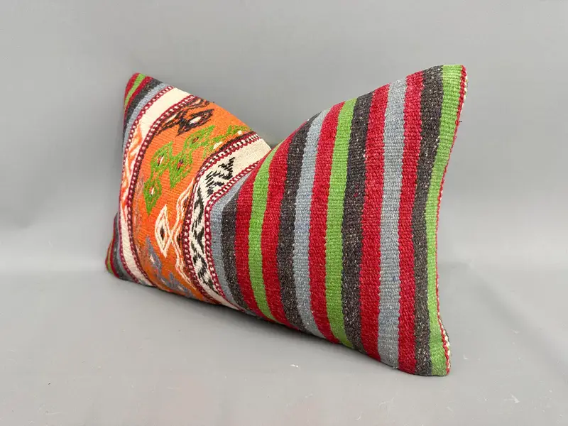 Pillow Sham, Kilim Pillow, Kilim Cushion Sham, 12x20 Green Pillow Case, Vintage Kilim Throw Pillow, Wool Kilim Pillow Pillow Sham - 3