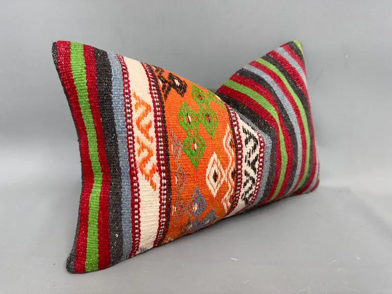Pillow Sham, Kilim Pillow, Kilim Cushion Sham, 12x20 Green Pillow Case, Vintage Kilim Throw Pillow, Wool Kilim Pillow Pillow Sham - 2