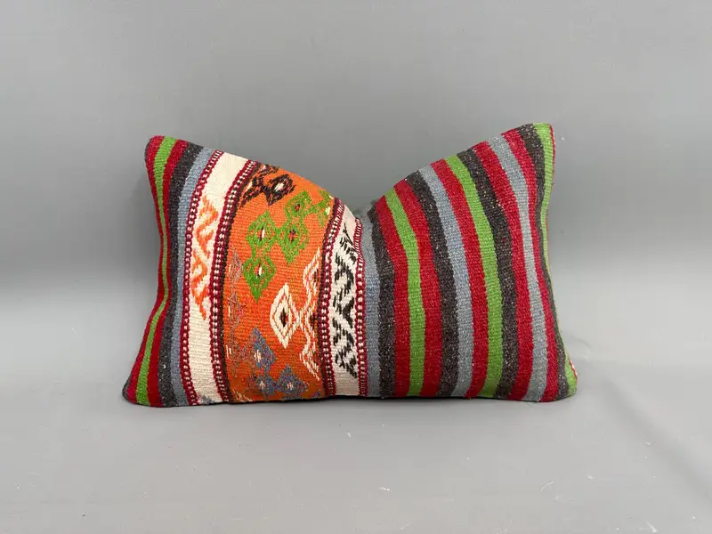 Pillow Sham, Kilim Pillow, Kilim Cushion Sham, 12x20 Green Pillow Case, Vintage Kilim Throw Pillow, Wool Kilim Pillow Pillow Sham - 1