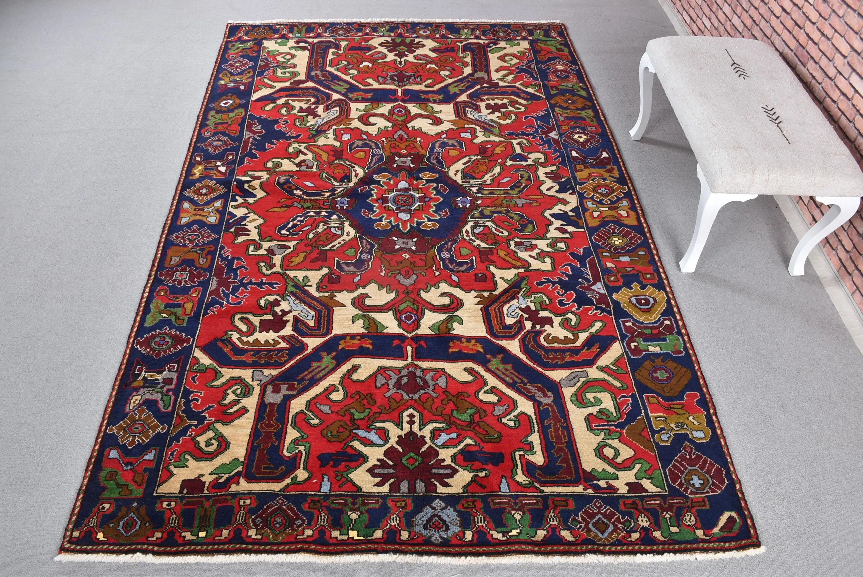 Turkish Vintage Rug 6x9.4 ft (183x287 cm), Red Blue Animal Print Rug - 1
