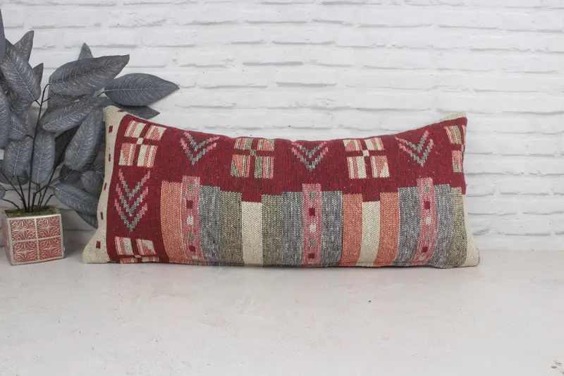 Nomadic Pillow, Vintage Kilim Pillow Pillow Case, Boho Pillow, Cushion, 16x36 Red Pillow Cover, Seat Cushion Cover, Pillow for Sofa, Antique Pillows - 1