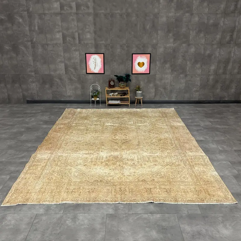 Türkischer Teppich, 9,4x12,5 ft Übergröße Teppich, brauner abstrakter Woll-Vintage-Teppich - 1