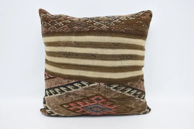 Seat Cushion Case, Home Decor Pillow, Turkish Kilim Pillow, Cushion, Ethnical Kilim Rug Pillow, 28x28 Brown Cushion Case - 1
