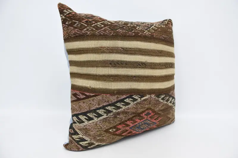 Seat Cushion Case, Home Decor Pillow, Turkish Kilim Pillow, Cushion, Ethnical Kilim Rug Pillow, 28x28 Brown Cushion Case - 3