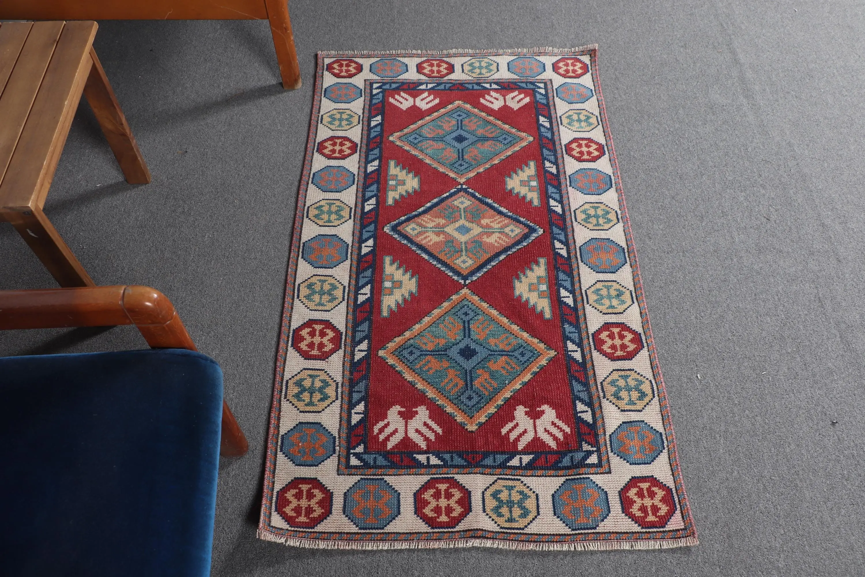 Vintage Small Rug 2.4x4.2 ft (74x129 cm), Turkish Red Solid Rug - 1
