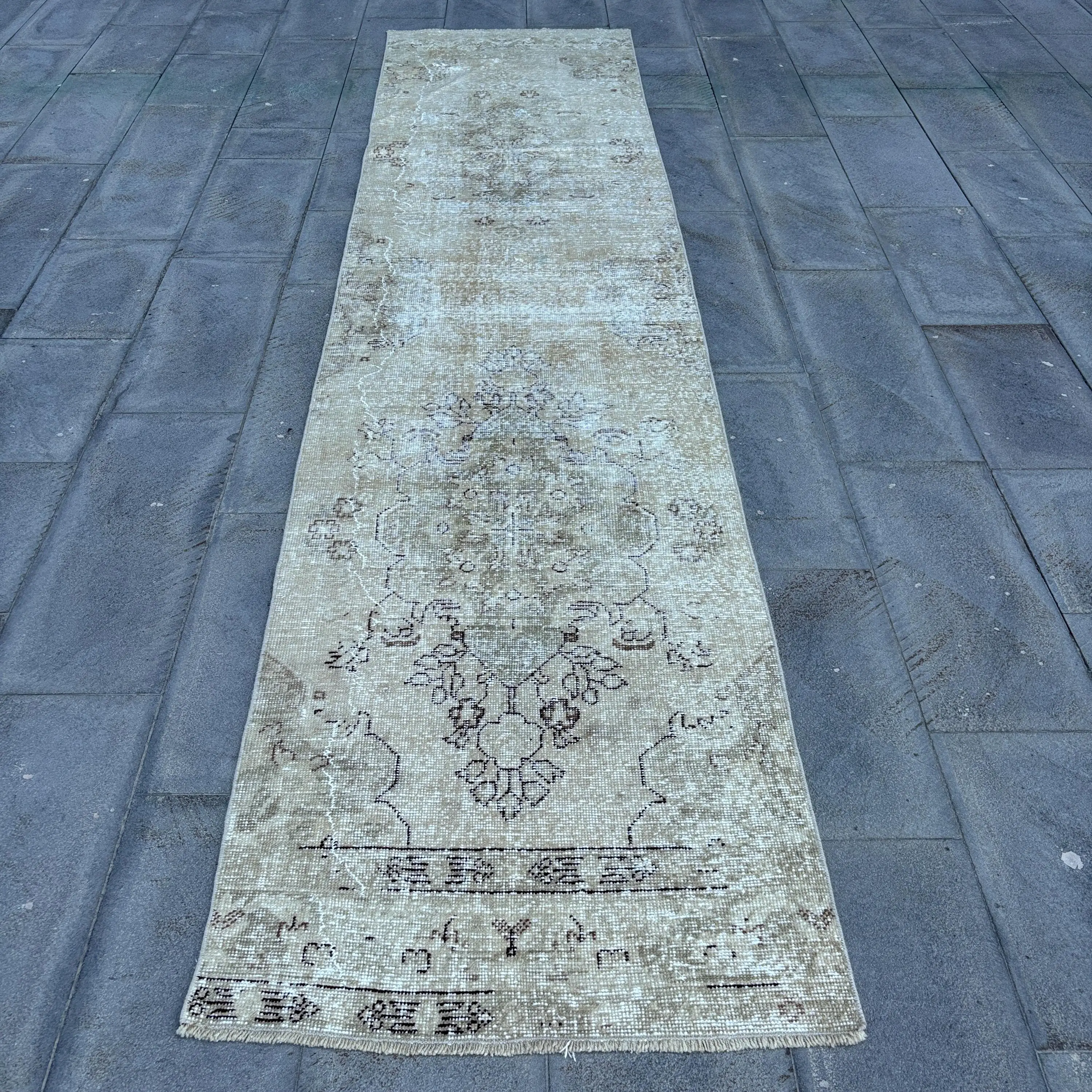 2.8x11.8 ft Turkish Runner Rug, Gray Brown Vintage Southwestern Wool Rug - 1
