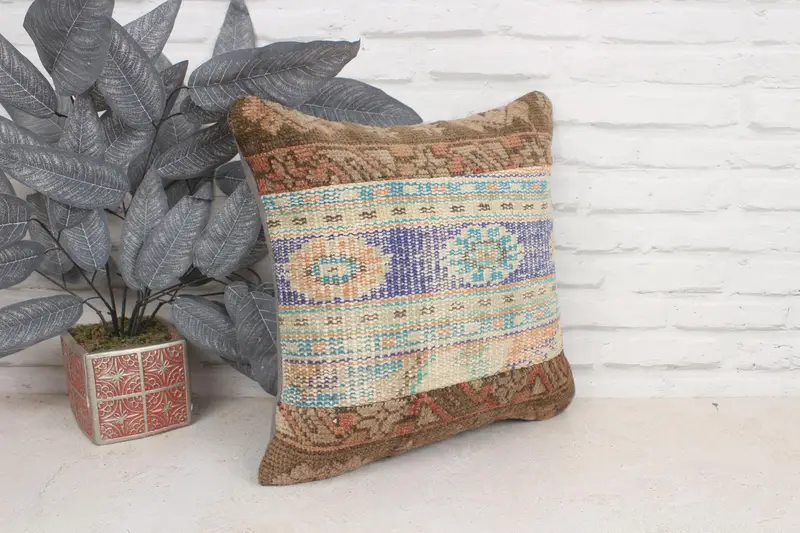 Cushion Case, Vintage Pillow, Car Cushion, 16x16 Blue Pillow, Bench Cushion Case, Kilim Pillow, Interior Designer Pillow, Outdoor Cushion - 3
