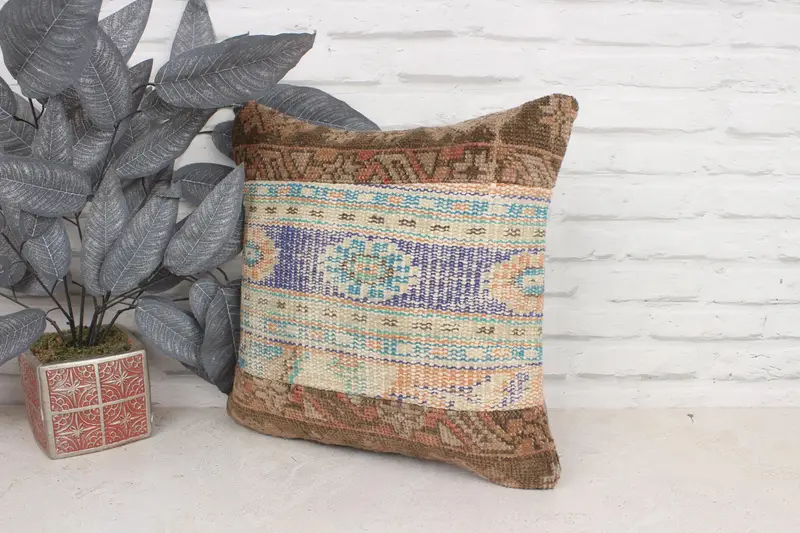 Cushion Case, Vintage Pillow, Car Cushion, 16x16 Blue Pillow, Bench Cushion Case, Kilim Pillow, Interior Designer Pillow, Outdoor Cushion - 4
