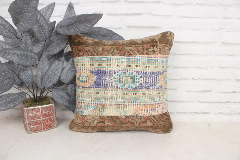 Cushion Case, Vintage Pillow, Car Cushion, 16x16 Blue Pillow, Bench Cushion Case, Kilim Pillow, Interior Designer Pillow, Outdoor Cushion - 1