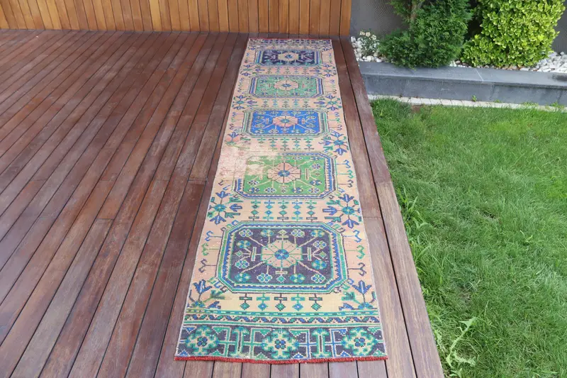 Vintage Oushak Halı 2.5x10.7 ft, Mavi Yeşil Çiçek Yün Türk Halısı - 1