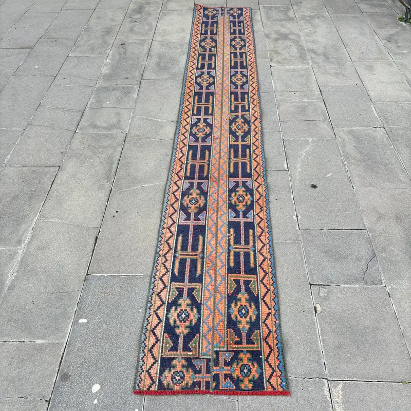 ブルーとオレンジのラグ、1.7x11.4フィートの花柄と幾何学模様