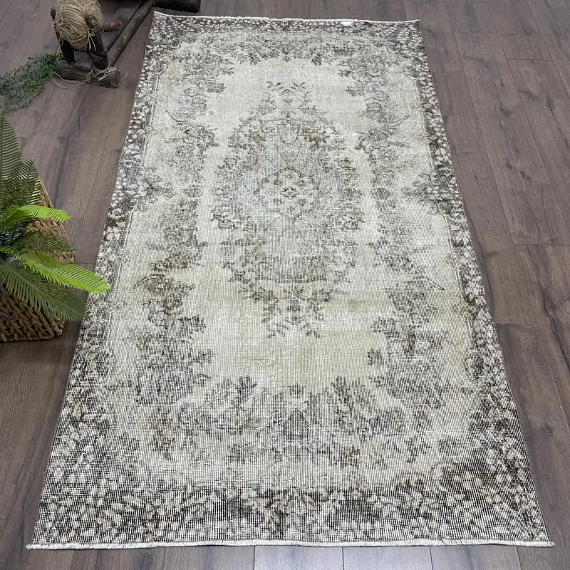 Türk Vintage Oushak Halı 3.7x7 ft, Gri Alan Güneybatı Yün Halı - 1