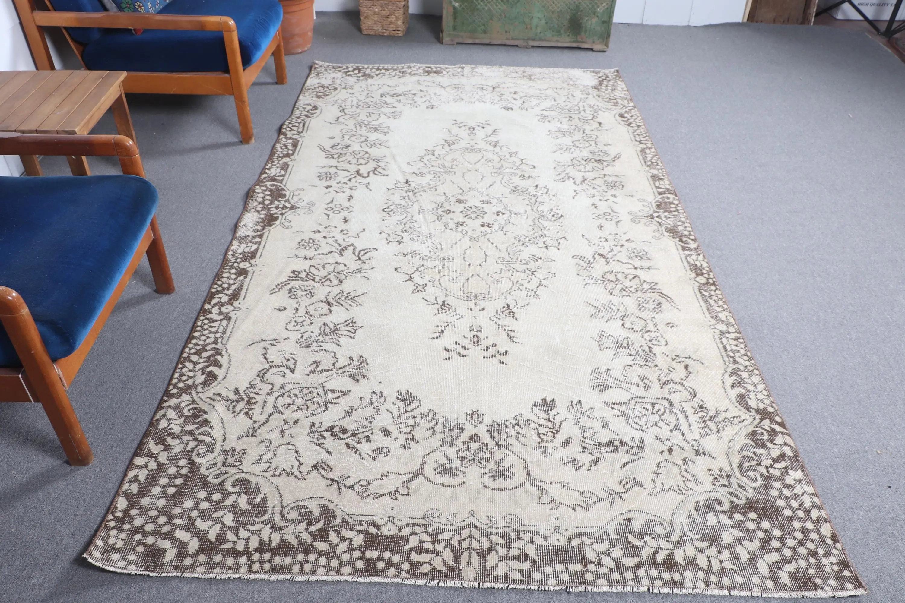 Türk Vintage Halısı 5.1x9.3 ft, Beyaz Düz Halı - 1