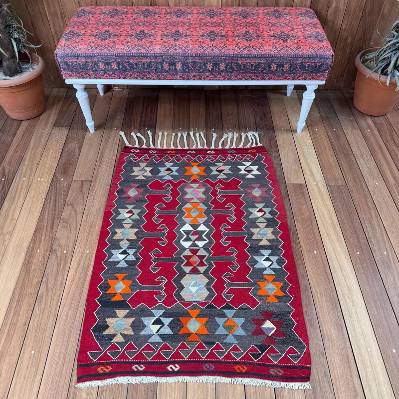2.5x3.6 ft Vintage Rug, Turkish Small Rug, Red Blue Camouflage Wool Rug - 1