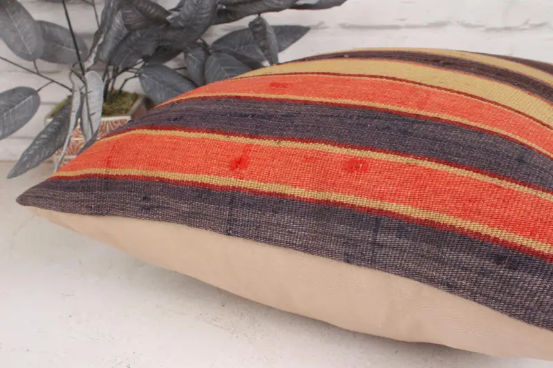 Handmade Rug Seat Cushion, Boho Pillow, Kilim Cushion Sham, Turkish Kilim Pillow, 20x20 Orange Pillow Cover, Cushion Case - 7