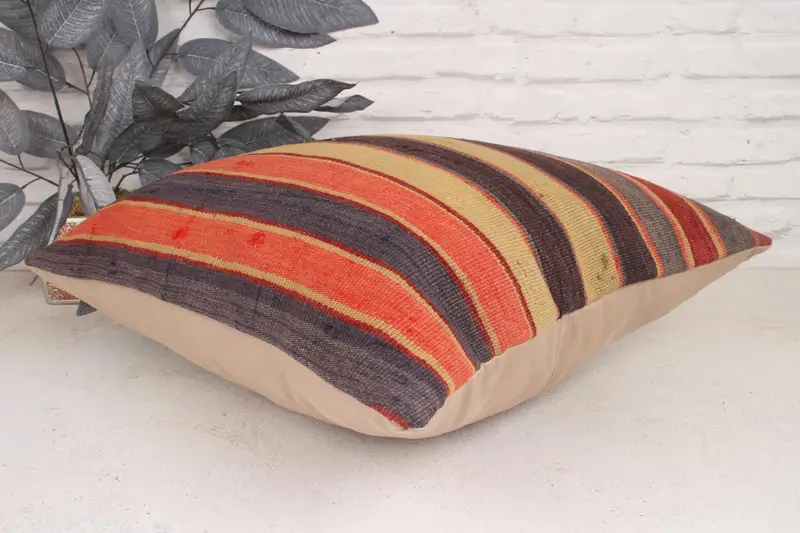 Handmade Rug Seat Cushion, Boho Pillow, Kilim Cushion Sham, Turkish Kilim Pillow, 20x20 Orange Pillow Cover, Cushion Case - 6