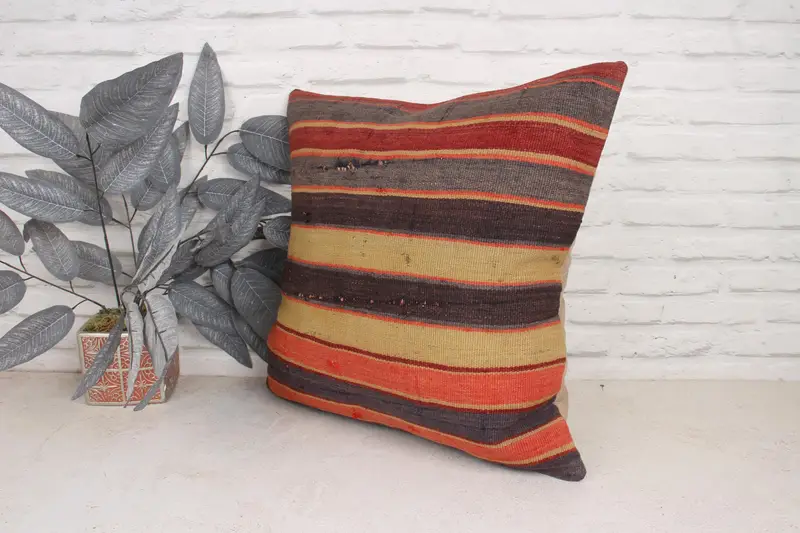 Handmade Rug Seat Cushion, Boho Pillow, Kilim Cushion Sham, Turkish Kilim Pillow, 20x20 Orange Pillow Cover, Cushion Case - 4