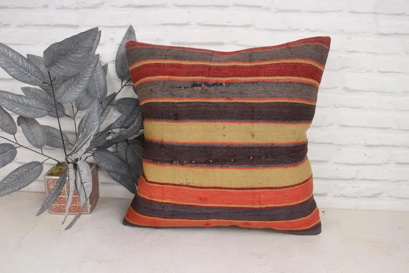 Handmade Rug Seat Cushion, Boho Pillow, Kilim Cushion Sham, Turkish Kilim Pillow, 20x20 Orange Pillow Cover, Cushion Case - 1