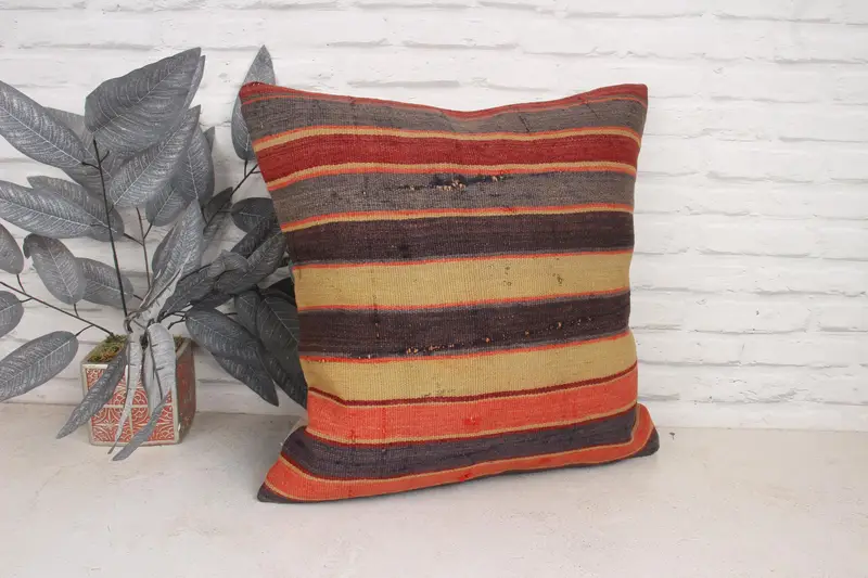 Handmade Rug Seat Cushion, Boho Pillow, Kilim Cushion Sham, Turkish Kilim Pillow, 20x20 Orange Pillow Cover, Cushion Case - 3