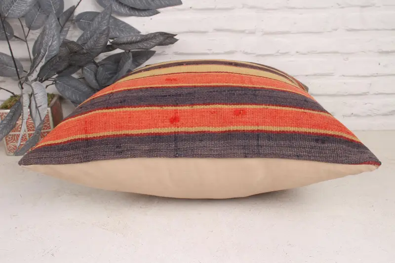 Handmade Rug Seat Cushion, Boho Pillow, Kilim Cushion Sham, Turkish Kilim Pillow, 20x20 Orange Pillow Cover, Cushion Case - 5