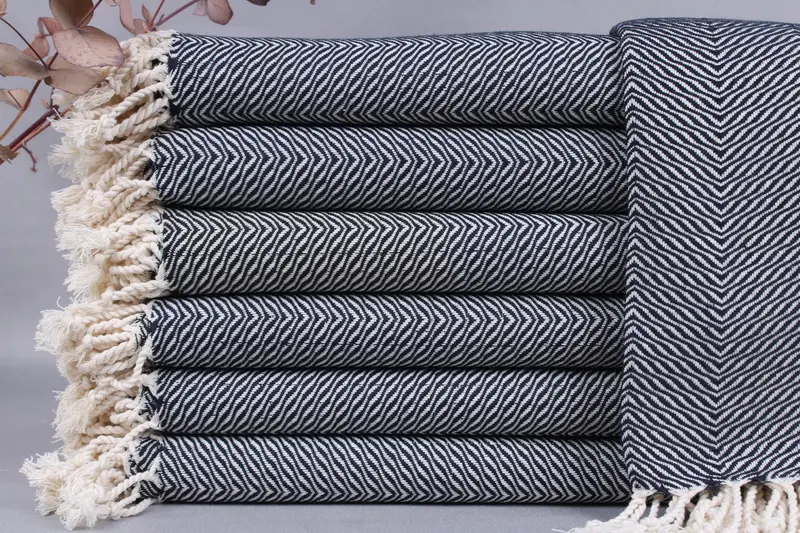 Personalized Turkish Towel Organic Cotton Chevron Peshtemal Navy Blue 40x71 Inches