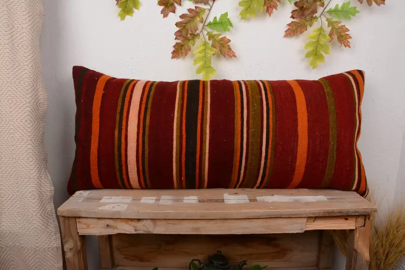 Rot & Orange gestreiftes Kissen, 16x36 handgemachtes Leinenkissen