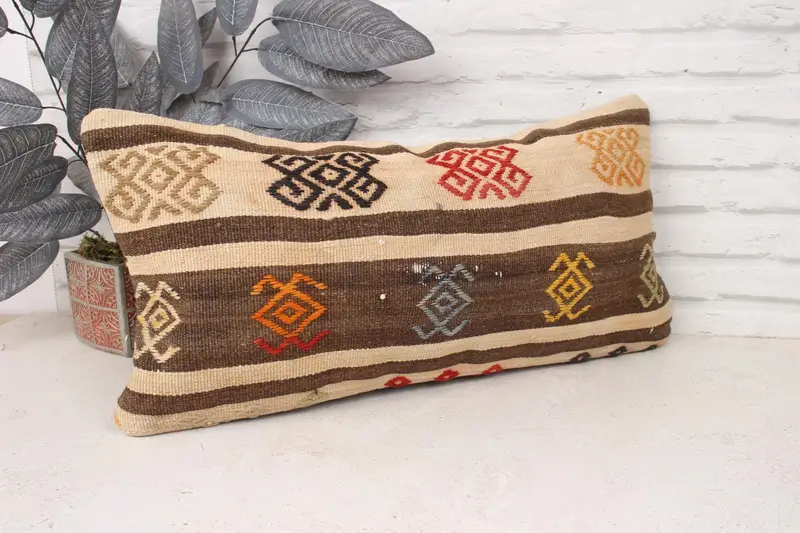 Boho Pillow, Garden Pillow, Bed Pillow Cover, 12x24 Brown Cushion, Ottoman Pillow, Antique Pillows, Kilim Pillow Cover, Pillow - 3