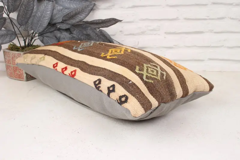 Boho Pillow, Garden Pillow, Bed Pillow Cover, 12x24 Brown Cushion, Ottoman Pillow, Antique Pillows, Kilim Pillow Cover, Pillow - 6