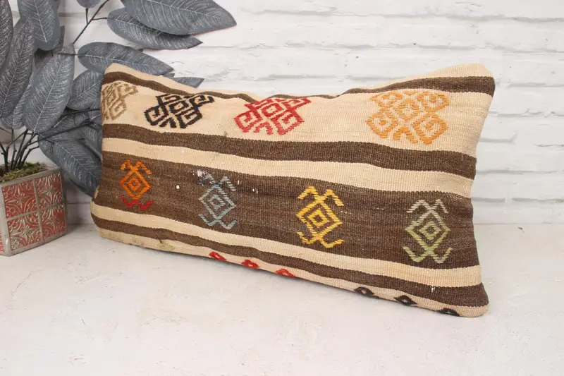 Boho Pillow, Garden Pillow, Bed Pillow Cover, 12x24 Brown Cushion, Ottoman Pillow, Antique Pillows, Kilim Pillow Cover, Pillow - 4