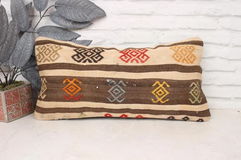 Boho Pillow, Garden Pillow, Bed Pillow Cover, 12x24 Brown Cushion, Ottoman Pillow, Antique Pillows, Kilim Pillow Cover, Pillow - 1