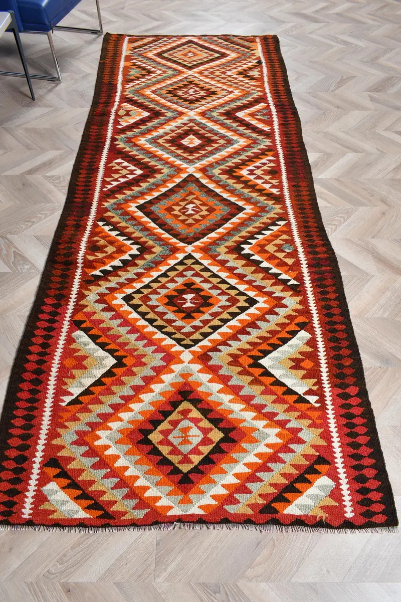 Türk 3.4x9.5 ft Halı, Runner Vintage Halı, Kırmızı Turuncu Yün Halı - 1
