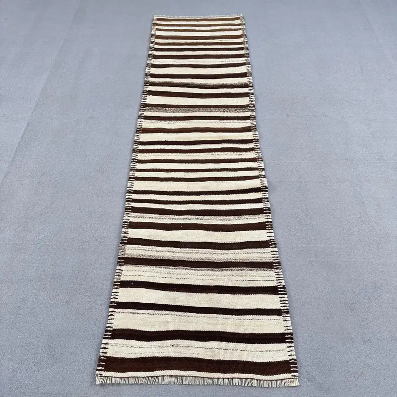 Vintage Turkish Rug, 2.5x9.1 ft Runner Rug, Brown White Plants & trees Rug - 1