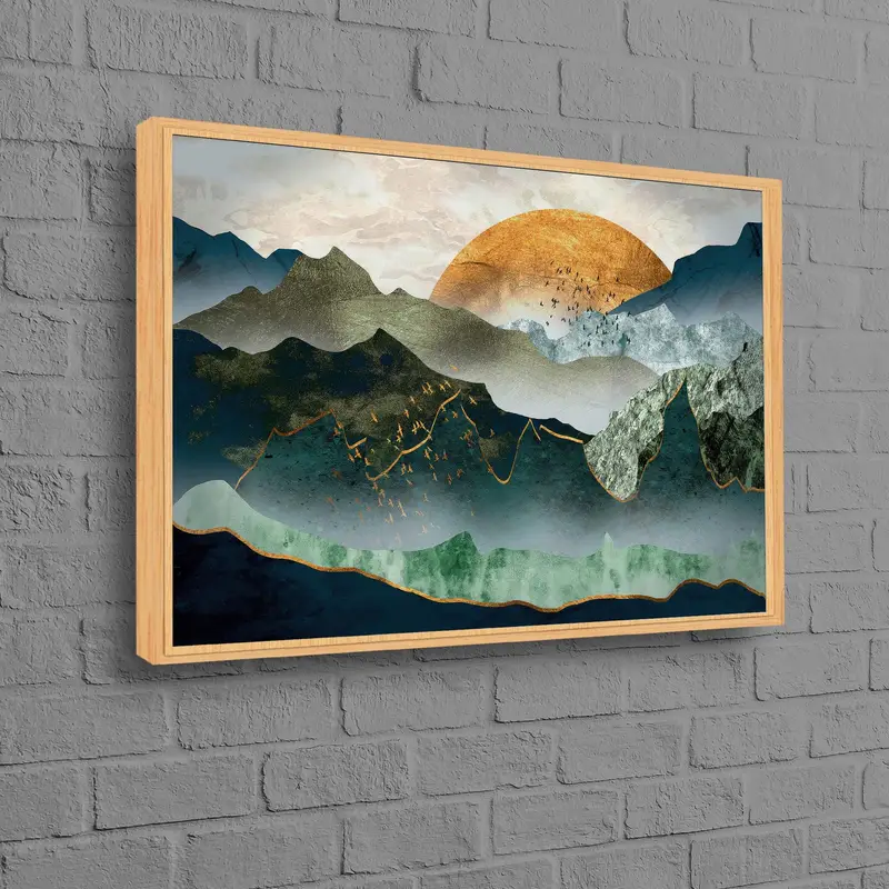 モダンな抽象マウンテン キャンバス: ゴールデン サン ラグジュアリー プリント