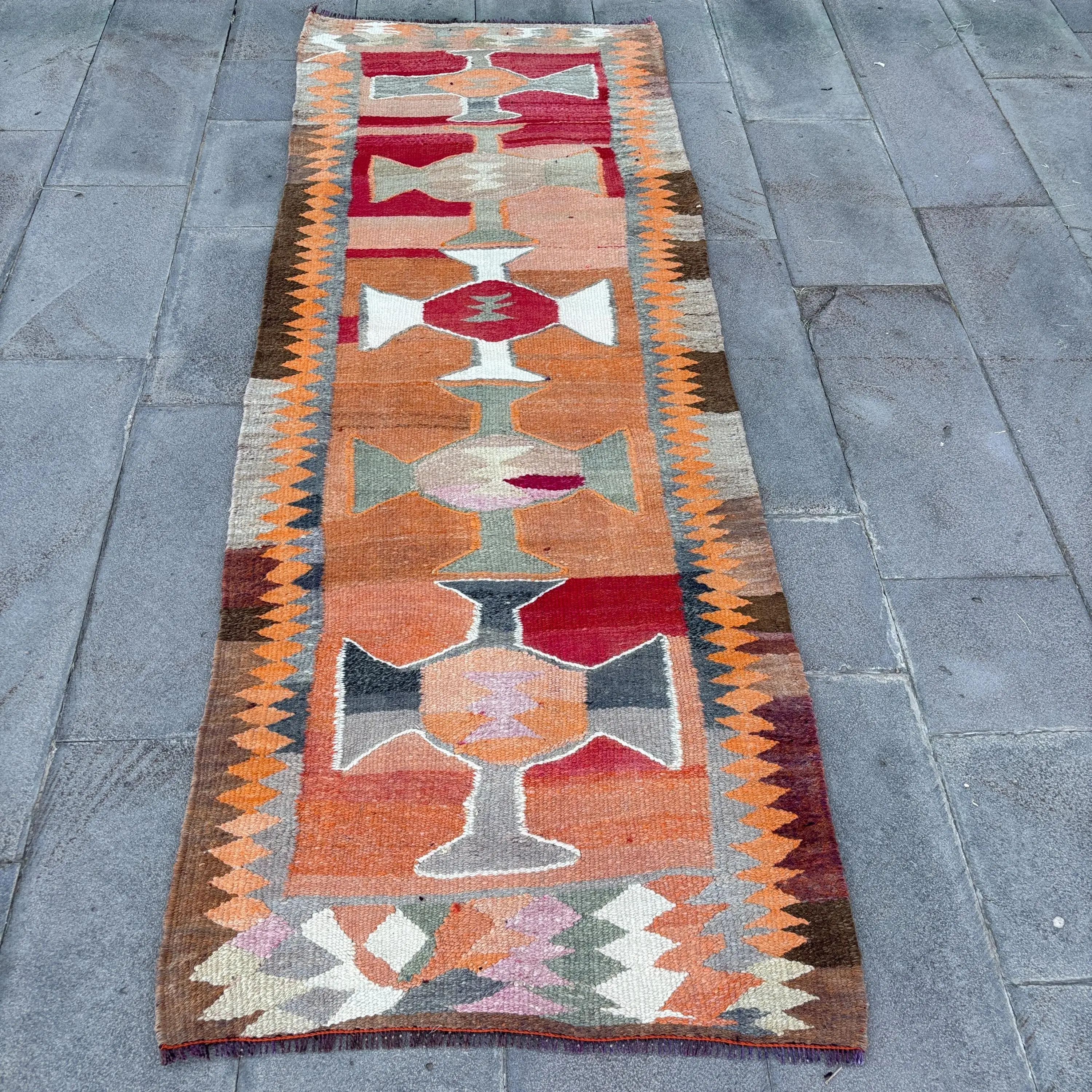 Vintage Turkish Rug, 2.9x7.9 ft Rug, Red Orange Ikat Rug - 1
