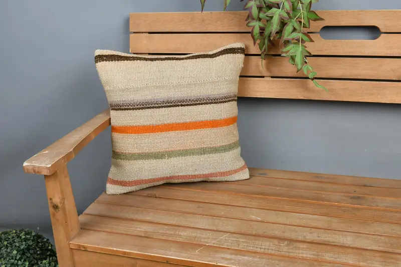 Kilim Cushion Sham, Ethnical Kilim Rug Pillow, 16x16 Beige Pillow Sham, Morroccon Kilim Cushion Pillow, Pillow Case, Pillow for Sofa - 1