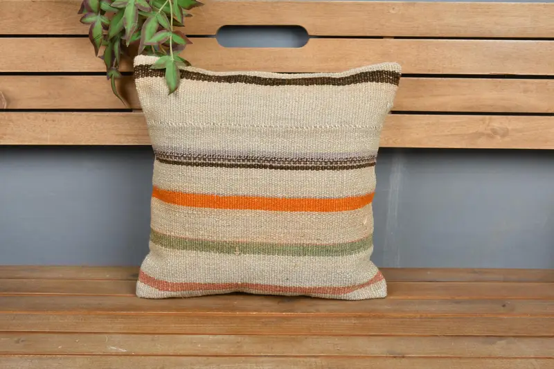 Kilim Cushion Sham, Ethnical Kilim Rug Pillow, 16x16 Beige Pillow Sham, Morroccon Kilim Cushion Pillow, Pillow Case, Pillow for Sofa - 6