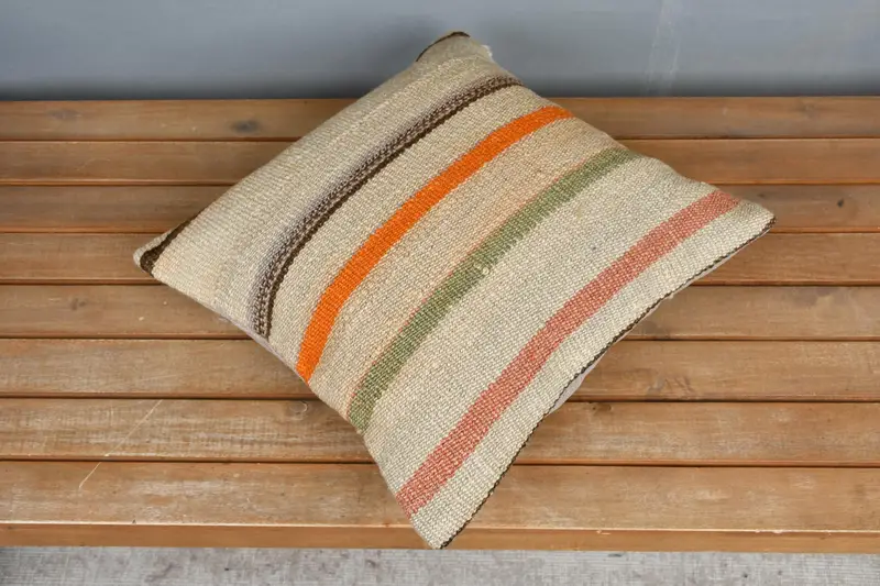 Kilim Cushion Sham, Ethnical Kilim Rug Pillow, 16x16 Beige Pillow Sham, Morroccon Kilim Cushion Pillow, Pillow Case, Pillow for Sofa - 2