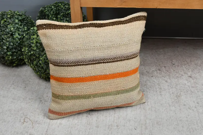 Kilim Cushion Sham, Ethnical Kilim Rug Pillow, 16x16 Beige Pillow Sham, Morroccon Kilim Cushion Pillow, Pillow Case, Pillow for Sofa - 7